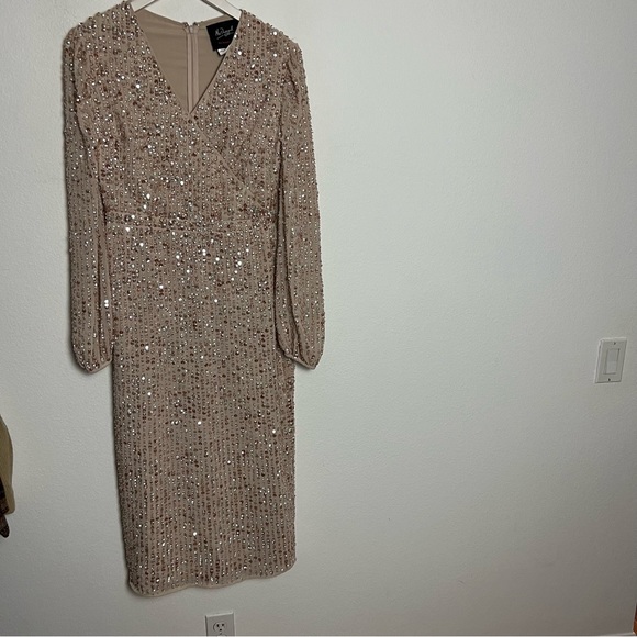 Mac Duggal Nude Sequin Long Sleeve Cocktail Midi Dress Size 4 Small - Picture 4 of 7